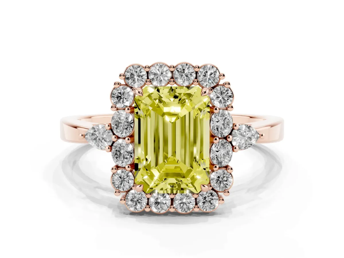 Fancy Yellow Emerald Cut Diamond Halo Ring with Pear Side Stones and Prong Setting Rose gold