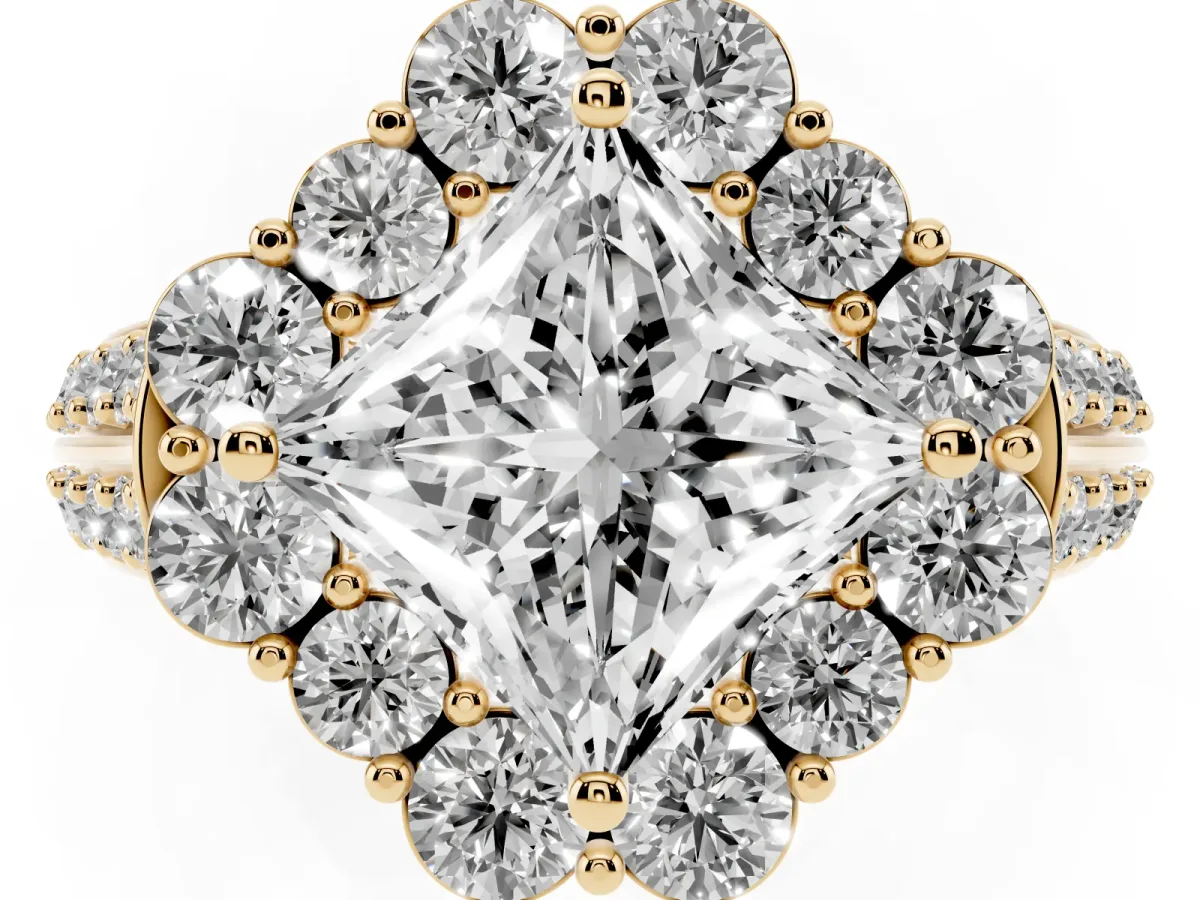 Princess Cut Halo Diamond Engagement Ring with Split Shank and Prong Setting Yellow gold