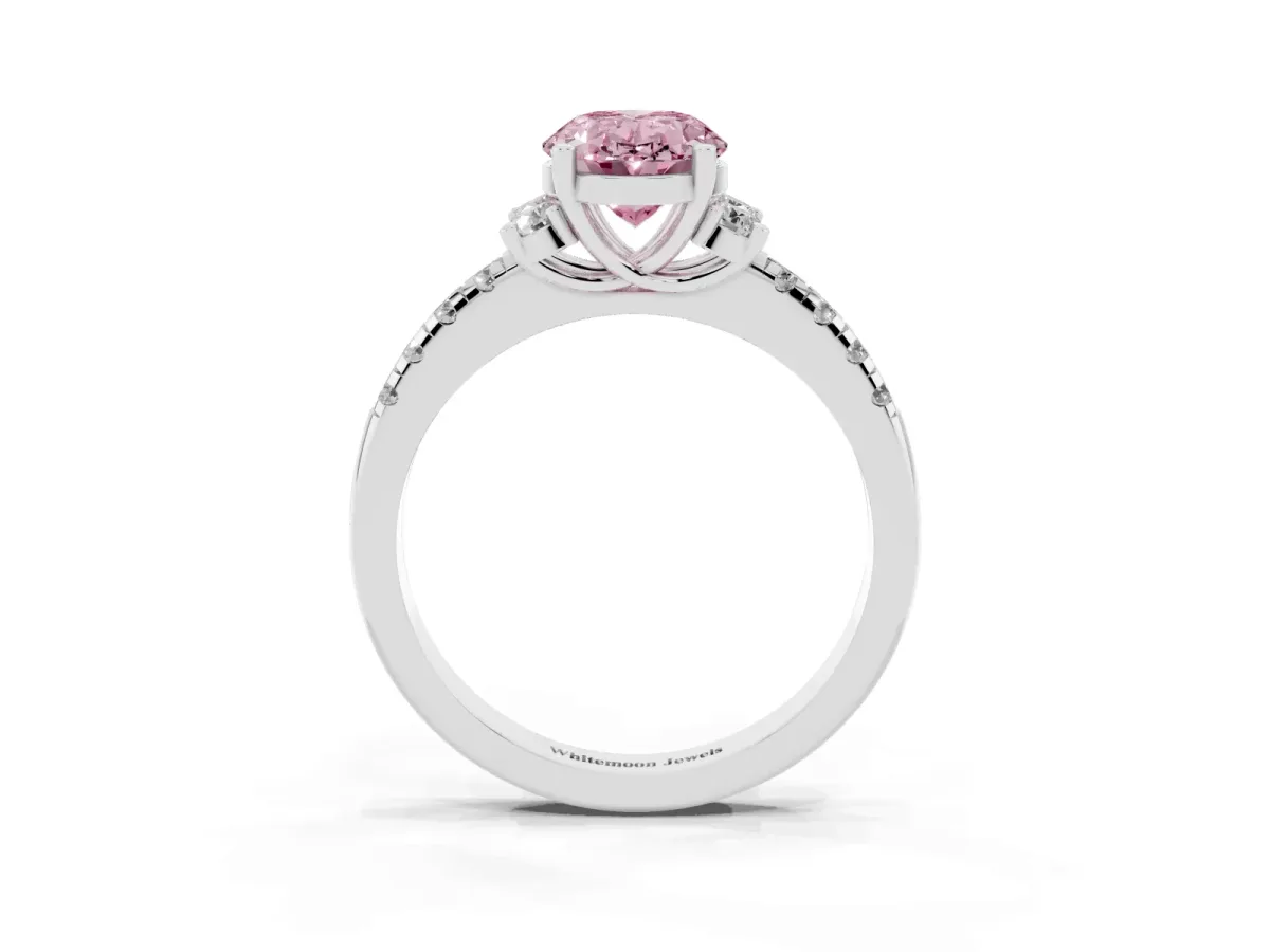 Fancy Pink Oval Cut Diamond Three-Stone Pave Band with Four-Prong Setting Silver