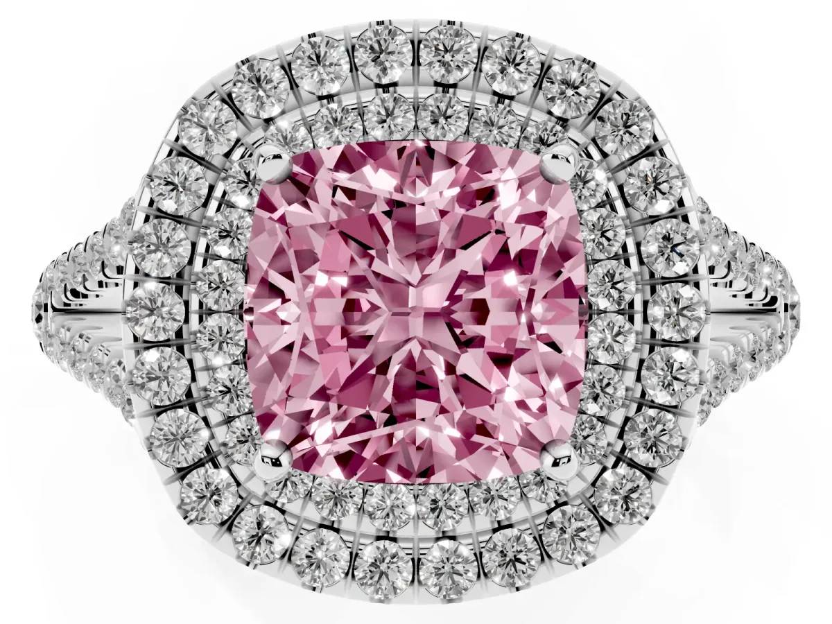 Fancy Pink Cushion Cut Diamond Double Halo Ring with Pavé Band and Prong Setting Silver