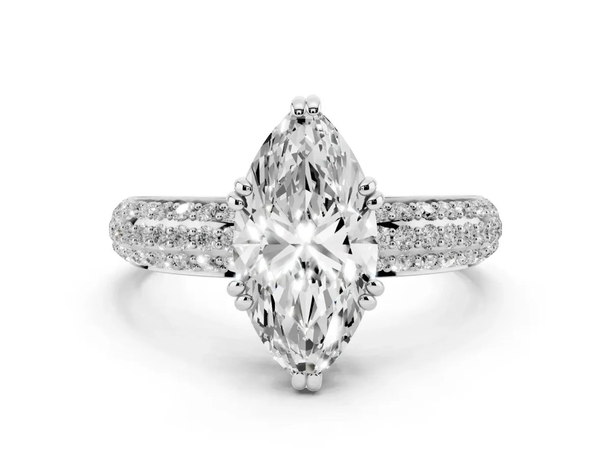 Marquise Cut Diamond Solitaire Ring with Multi-Row Round Pavé Band and Prong Setting Silver