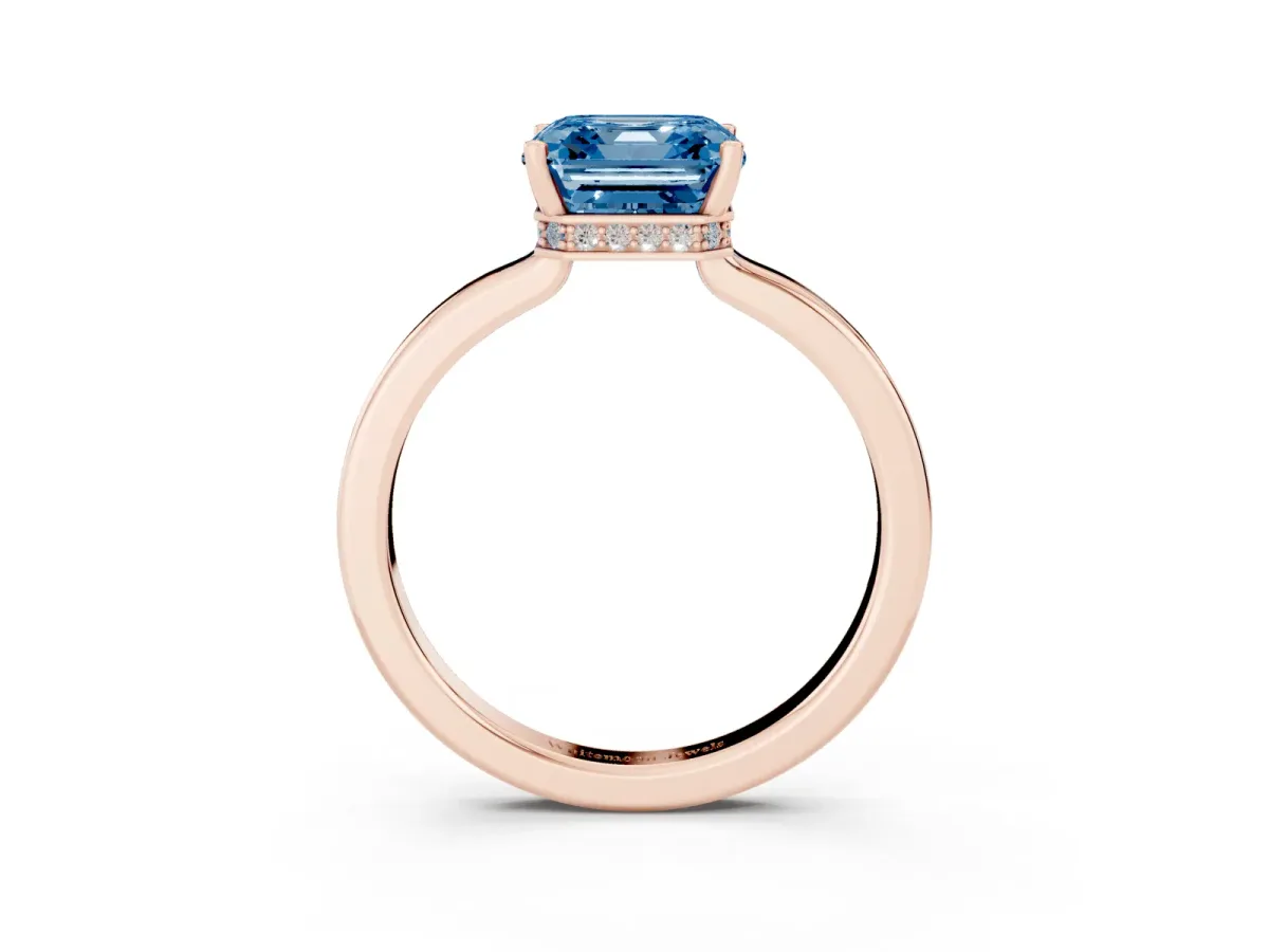 Fancy Blue Asscher Cut Cut Solitaire Engagement Ring with Four-Prong Setting on a Classic Band Rose gold