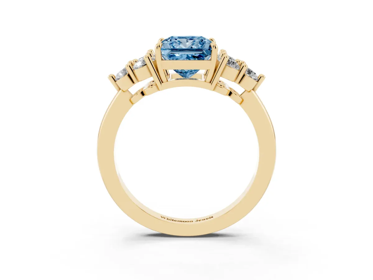 Fancy Blue Princess Cut Brilliant Diamond Cluster Accent Solitaire Ring with Prong Setting Yellow gold