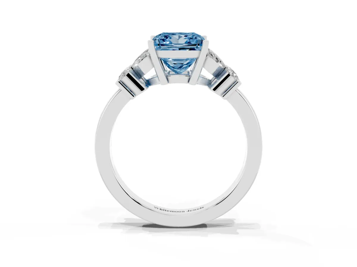 Fancy Blue Princess Cut Diamond Floral Cluster Ring with Solitaire Band and Prong Setting White gold