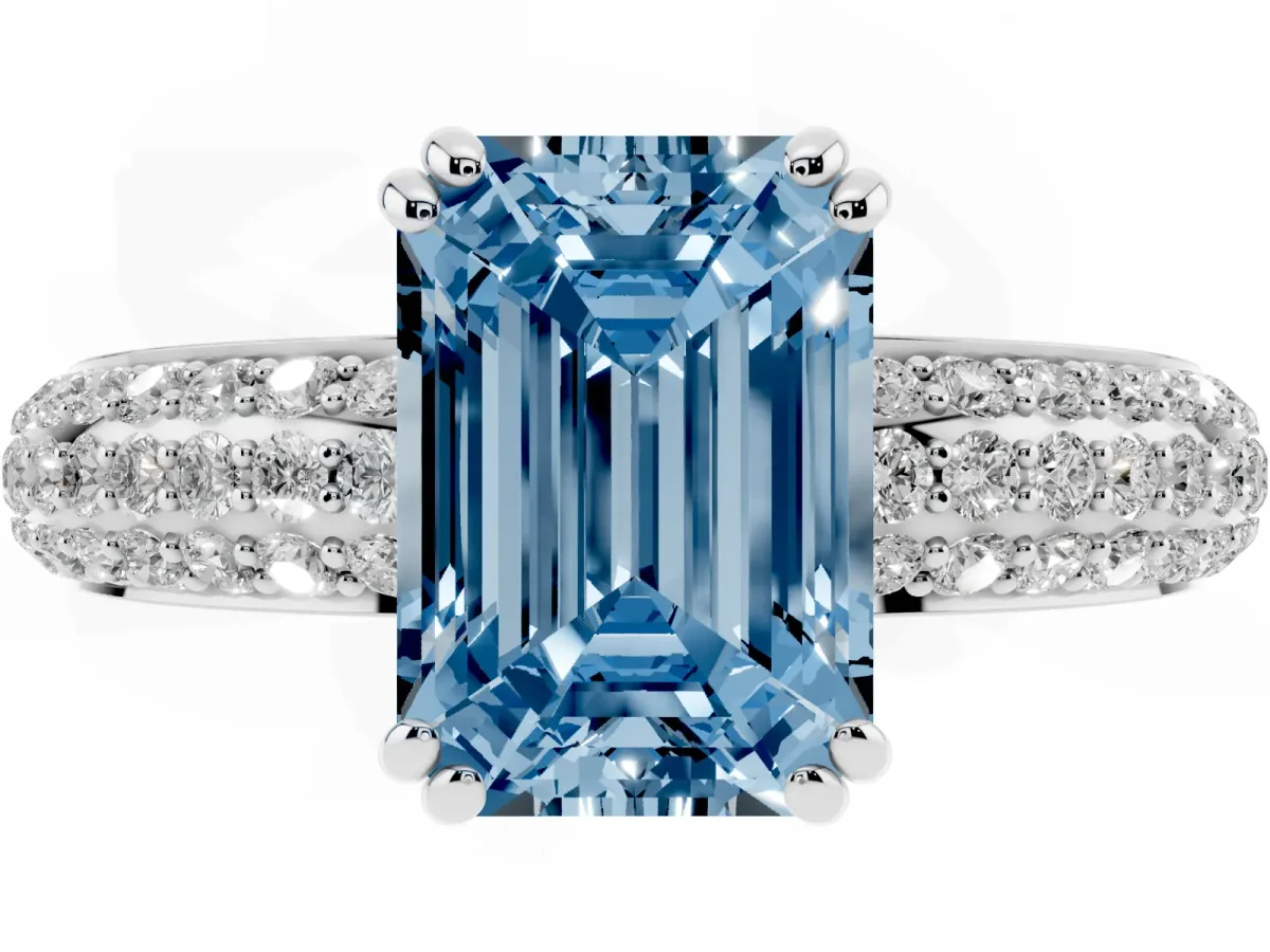 Fancy Blue Emerald Cut Diamond Solitaire Ring with Multi-Row Round Pavé Band and Prong Setting Silver