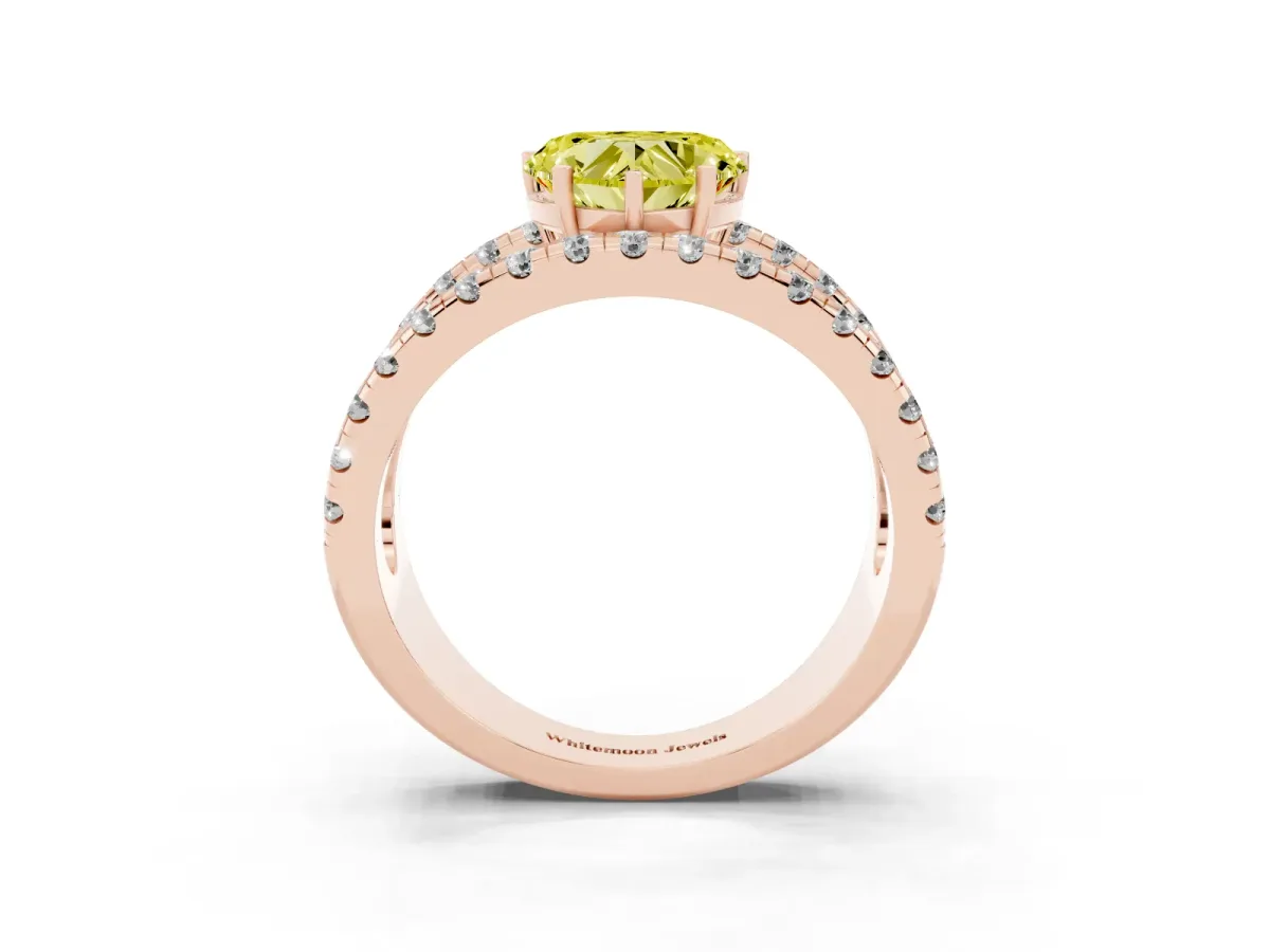 Fancy Yellow Heart Cut Solitaire Split Shank Pave Diamond Ring Rose gold