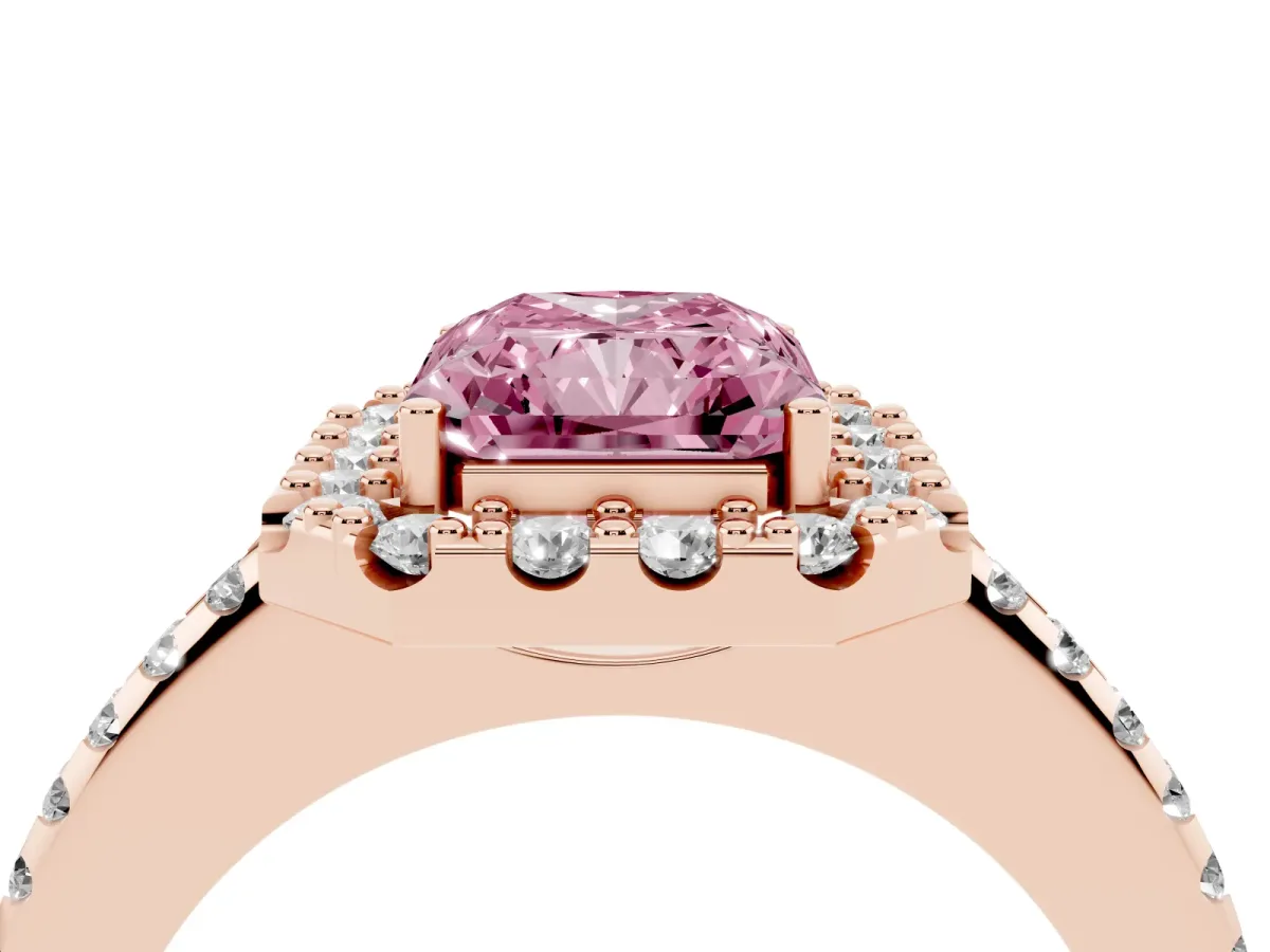 Fancy Pink Radiant Cut Diamond Pavé Halo Ring with Four-Prong Setting Rose gold