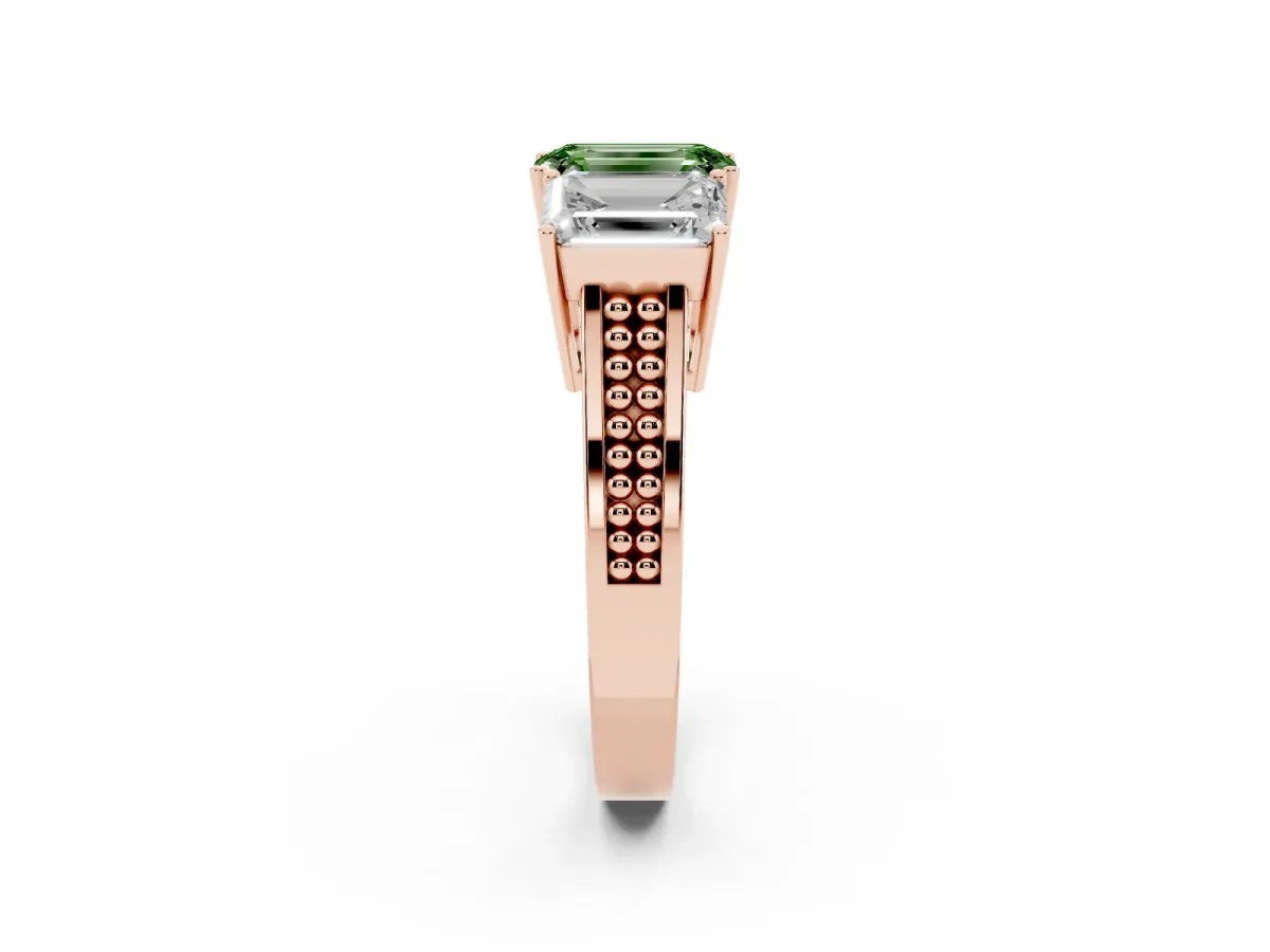 Fancy Green Emerald Cut Diamond Three-Stone Ring with Prong Setting and Textured Band Rose gold
