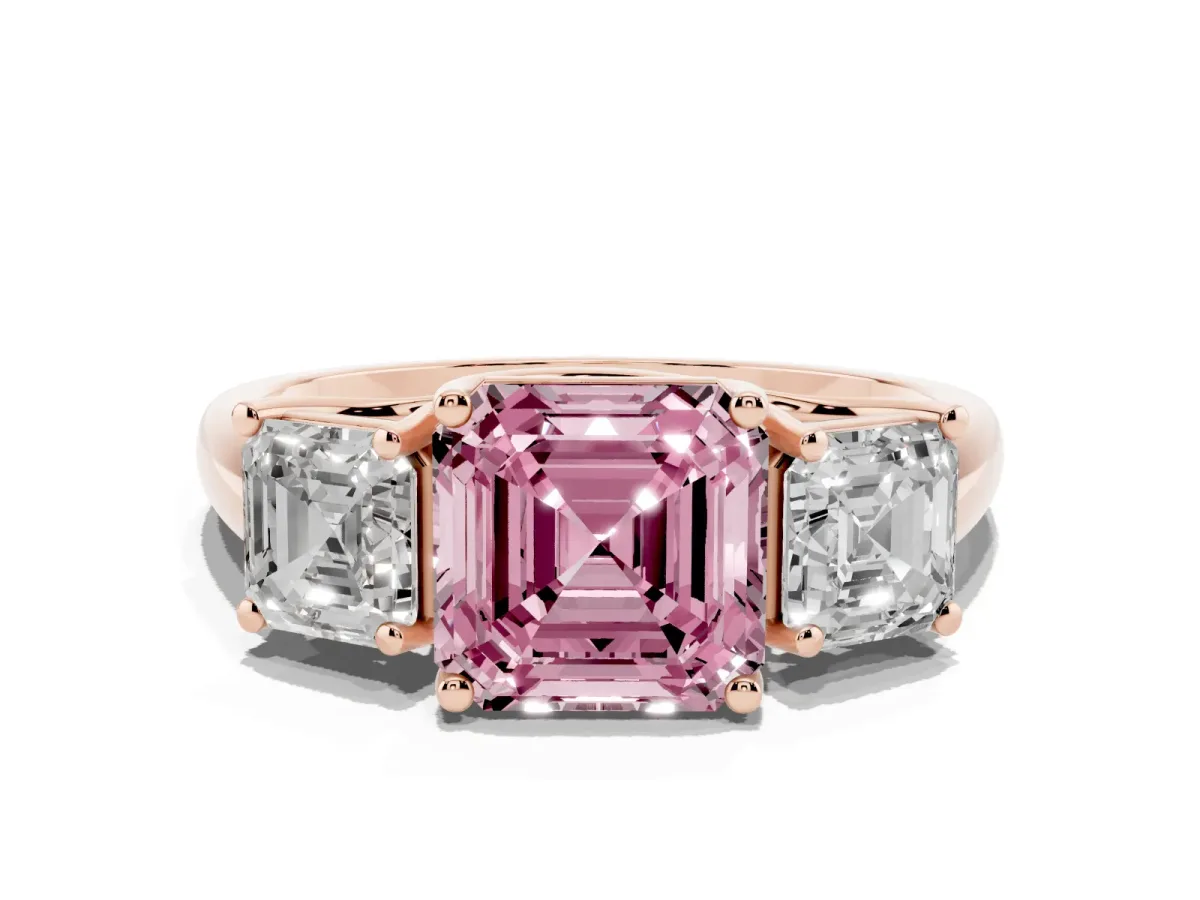 Fancy Pink Three-Stone Asscher Cut Diamond Engagement Ring with Prong Setting Rose gold