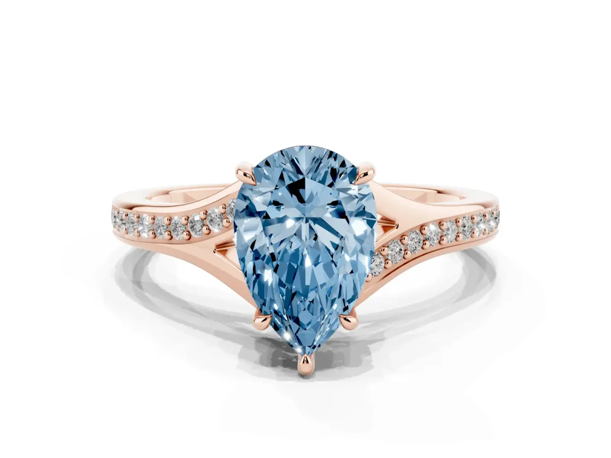 Fancy Blue Pear Cut Diamond Solitaire Ring with Pavé Band and Prong Setting Rose gold