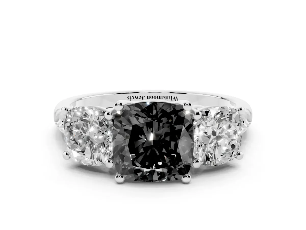 Fancy Black Three-Stone Cushion Cut Diamond Ring with Round Pavé Band and Prong Setting Silver