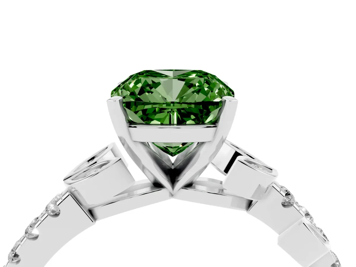 Fancy Green Cushion Cut Solitaire Leaf-Inspired Diamond Ring with Pavé Band and Four-Prong Setting Silver