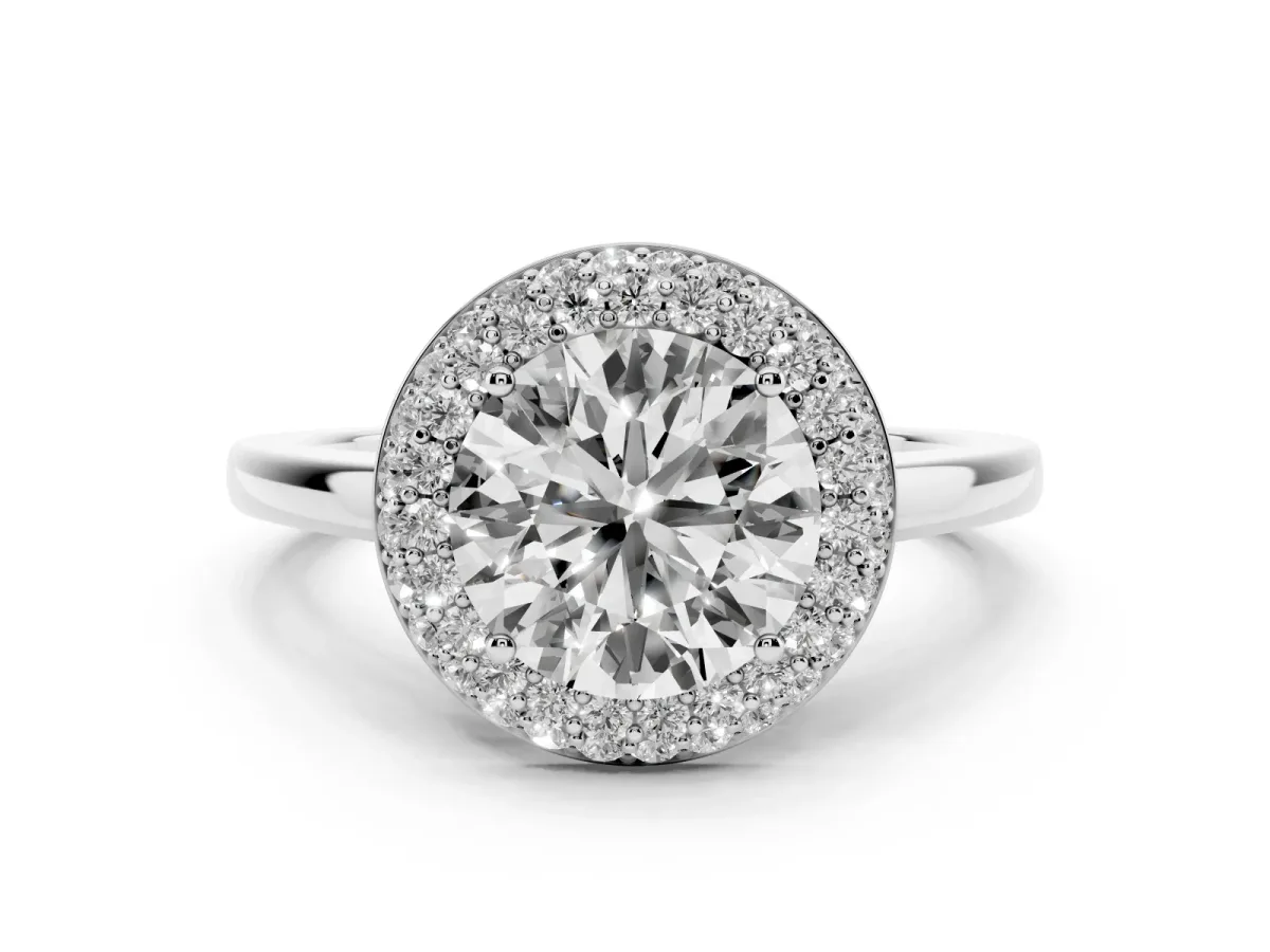 Round Cut Halo Diamond Engagement Ring with Solitaire Band and Four-Prong Setting Platinum
