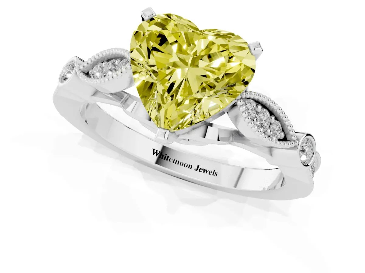 Fancy Yellow Heart Cut Cut Diamond with Milgrain Marquise and Bezel Accents on a Solitaire Band with Prong Setting White gold
