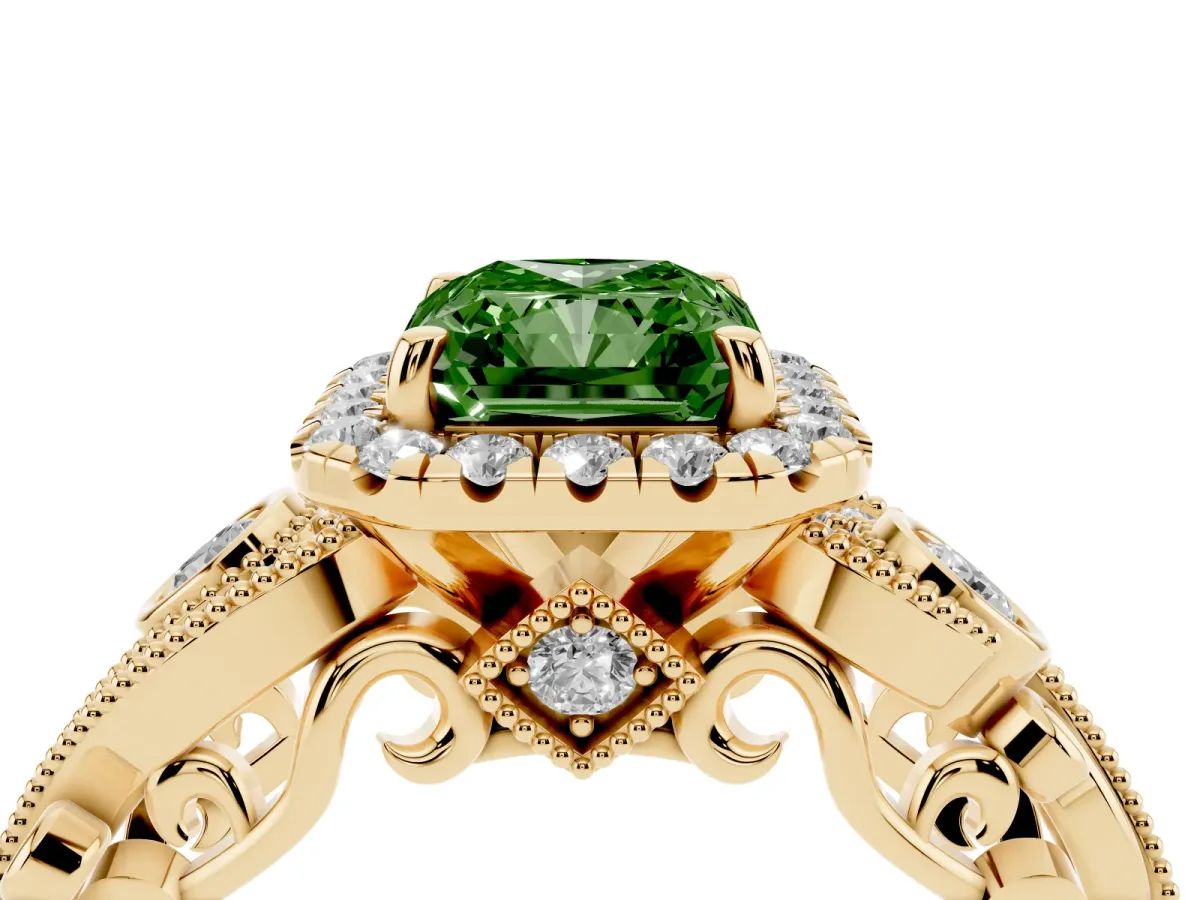 Fancy Green Radiant Cut Diamond Halo Ring with Milgrain Pavé Band and Four-Prong Setting Yellow gold
