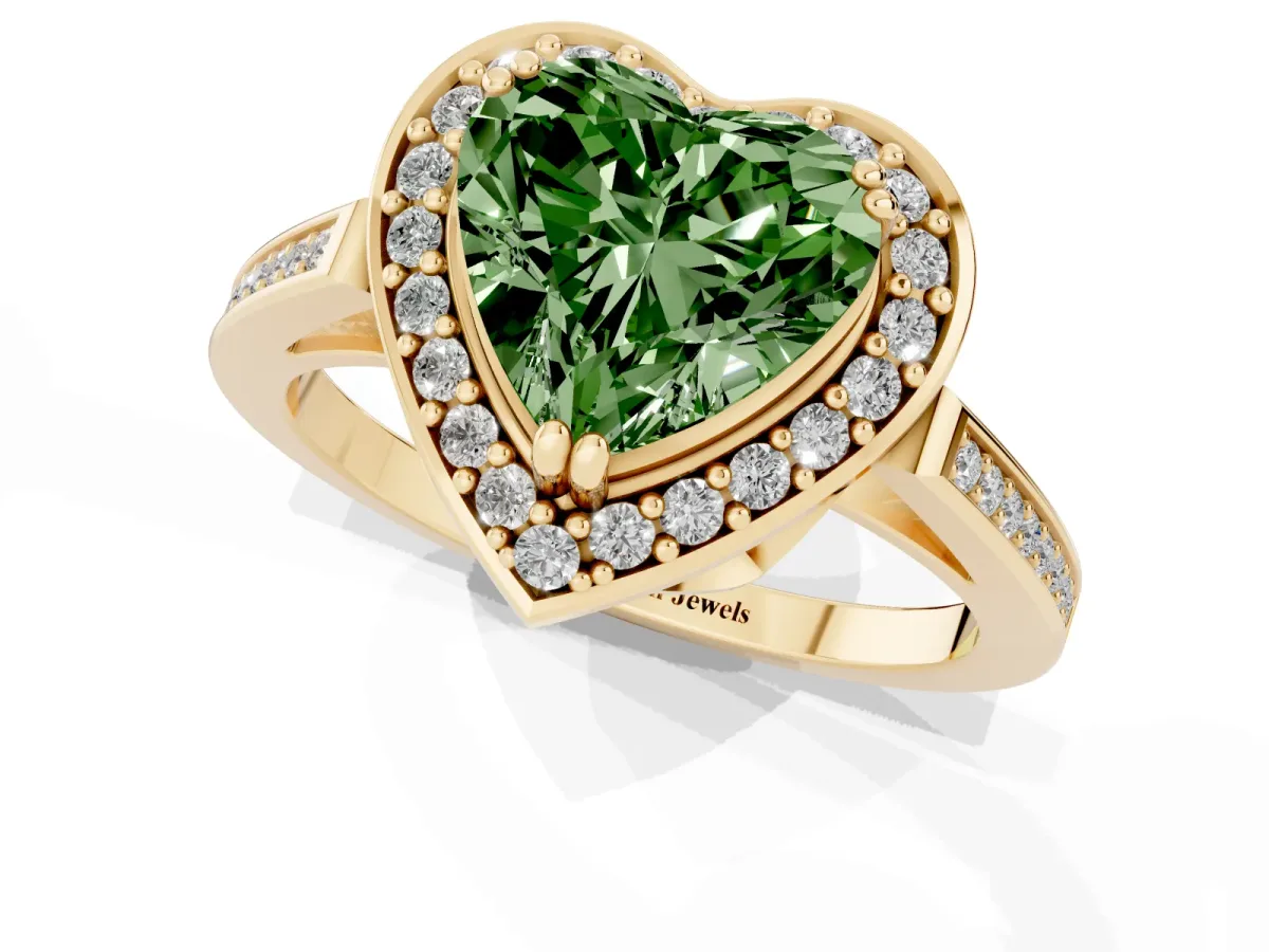 Fancy Green Heart Cut Diamond Halo Ring with Split Shank and Four-Prong Setting Yellow gold