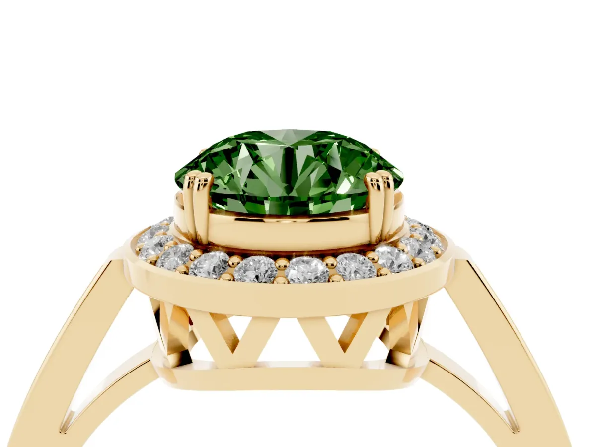 Fancy Green Round Cut Diamond Halo Ring with Split Shank and Four-Prong Setting Yellow gold
