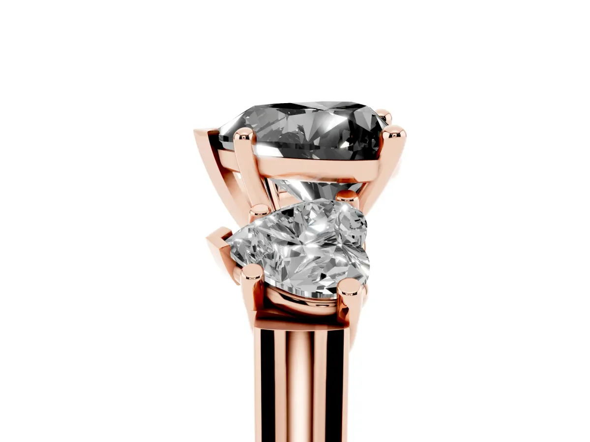 Fancy Black Three-Stone Heart Cut Brilliant Diamond Trellis Ring with Comfort Fit Band Rose gold