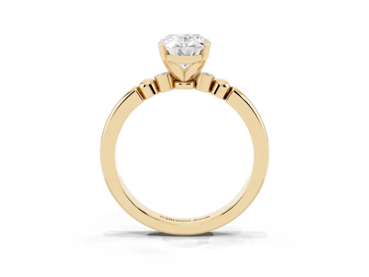 Oval Cut Solitaire Beaded Band with Four-Prong Setting Yellow gold