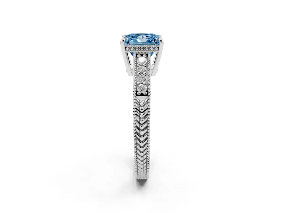 Fancy Blue Princess Cut Solitaire Pavé Diamond Milgrain Engagement Ring with Four-Prong Setting Silver