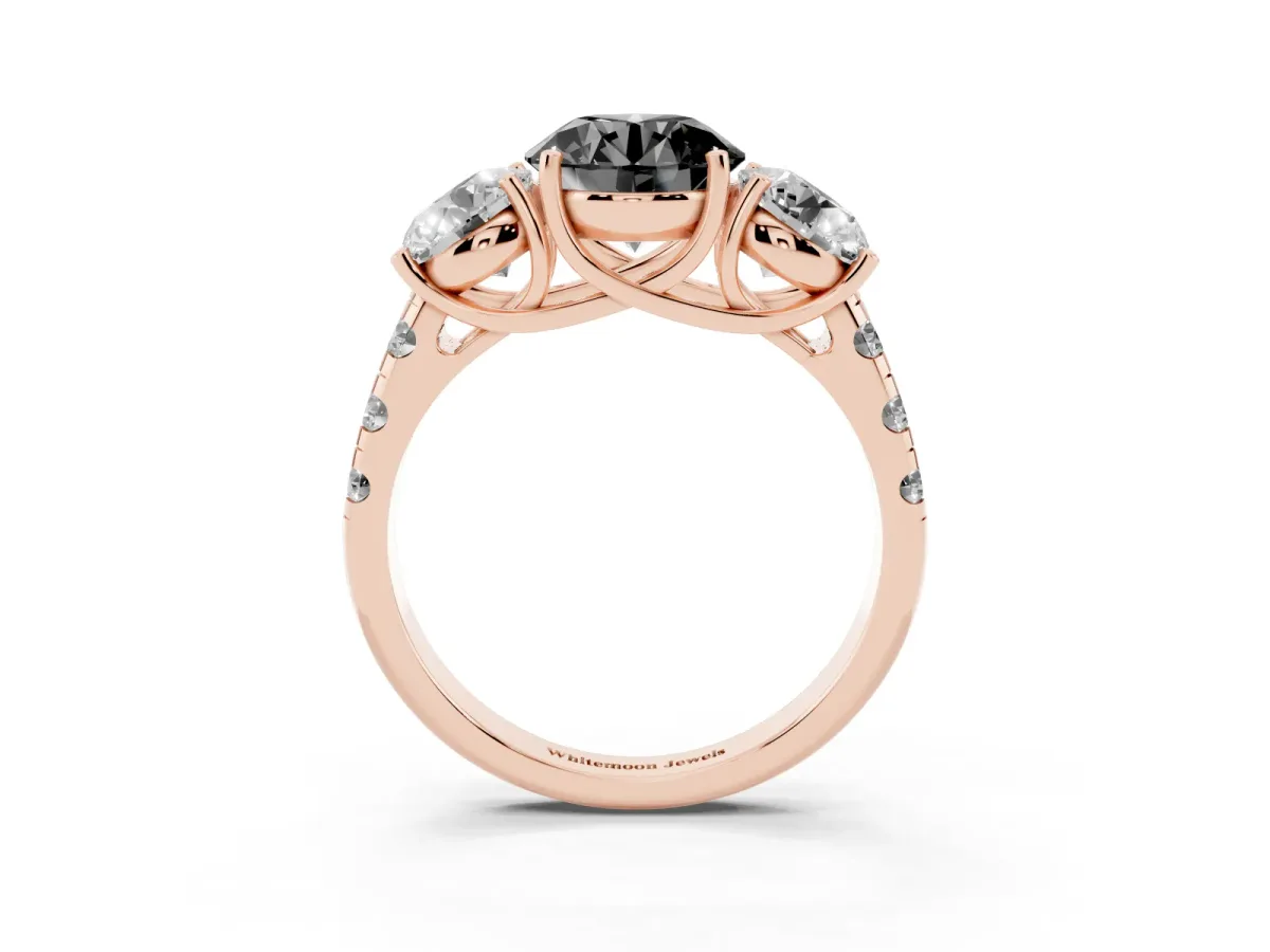 Fancy Black Three-Stone Round Cut Diamond Pavé Band with Prong Setting Rose gold