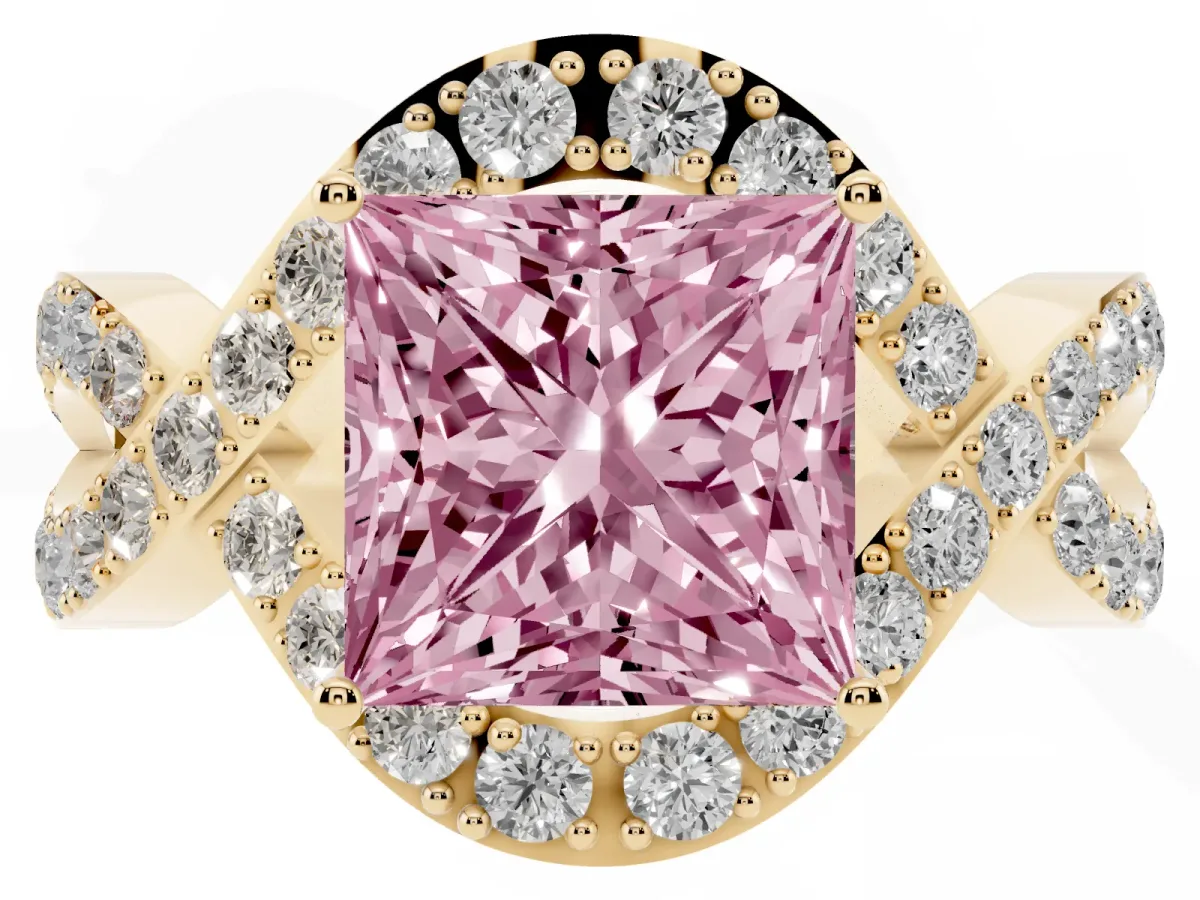 Fancy Pink Princess Cut Solitaire Twist Band Pavé Diamond Engagement Ring Yellow gold