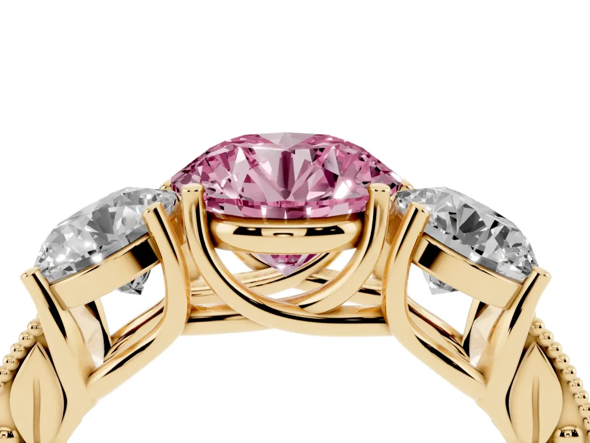 Fancy Pink Three-Stone Round Cut Cut Milgrain Pavé Engagement Ring Yellow gold