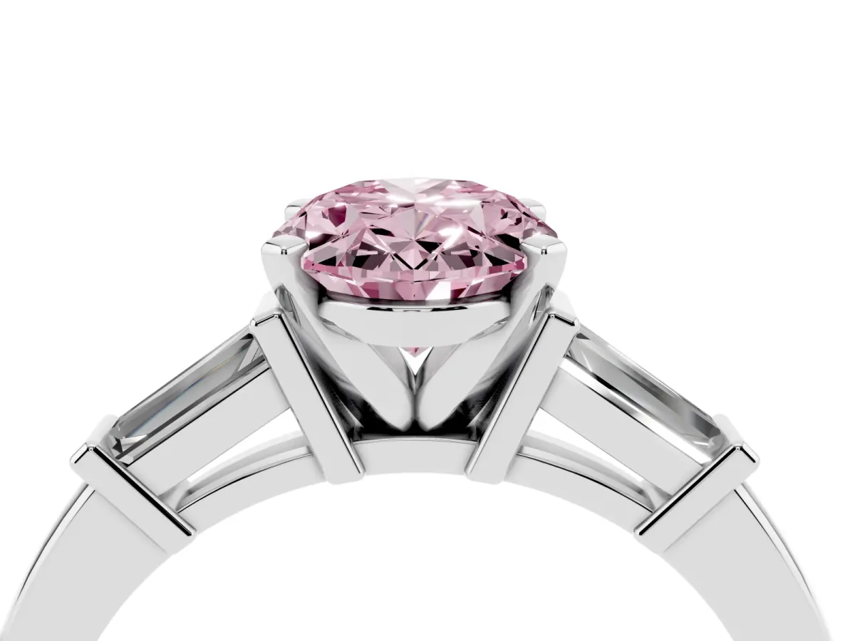 Fancy Pink Oval Cut Cut Diamond Solitaire Ring with Tapered Baguette Accents and Four-Prong Setting Platinum