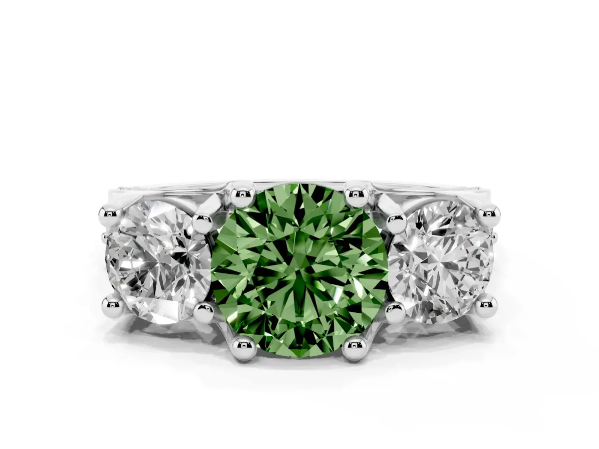 Fancy Green Round Cut Diamond Three-Stone Ring with Channel Set Band and Four-Prong Setting Silver