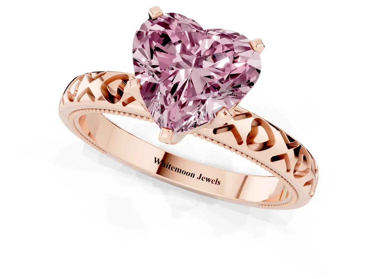 Fancy Pink Heart Cut Solitaire Diamond Engagement Ring with XO Engraved Band and Four-Prong Setting Rose gold