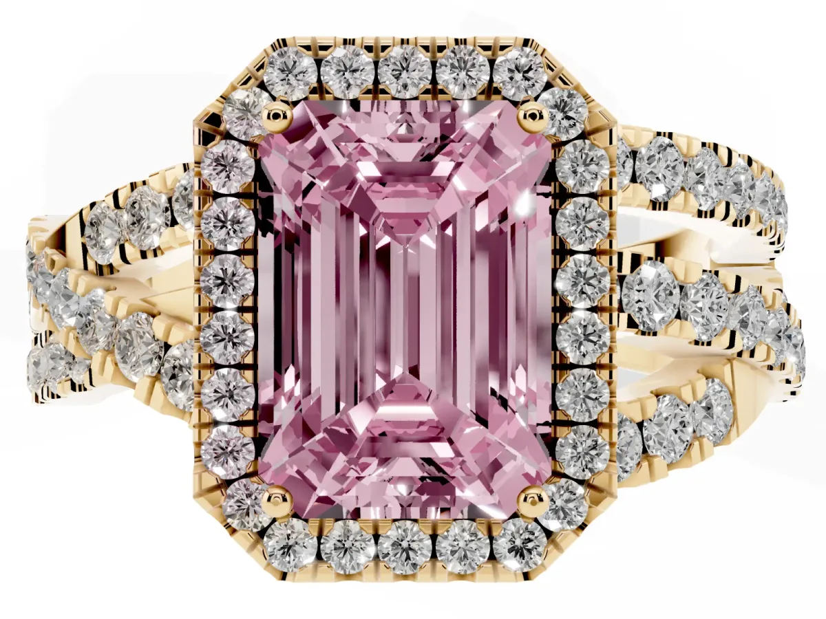 Fancy Pink Emerald Cut Diamond Halo Ring with Round Split Shank and Prong Setting Yellow gold