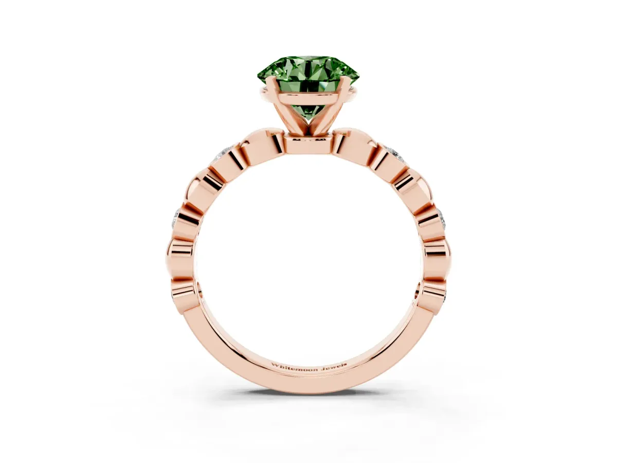 Fancy Green Round Cut Solitaire Bezel-Set Diamond Ring with Beaded Band and Four-Prong Setting Rose gold