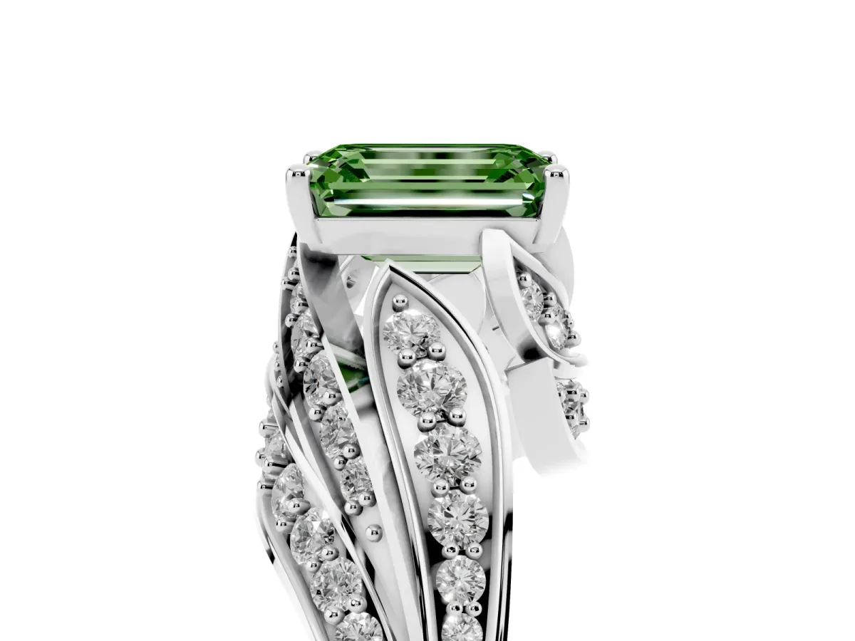 Fancy Green Emerald Cut Diamond Solitaire Ring with Prong Setting and Twisted Pavé Band Silver