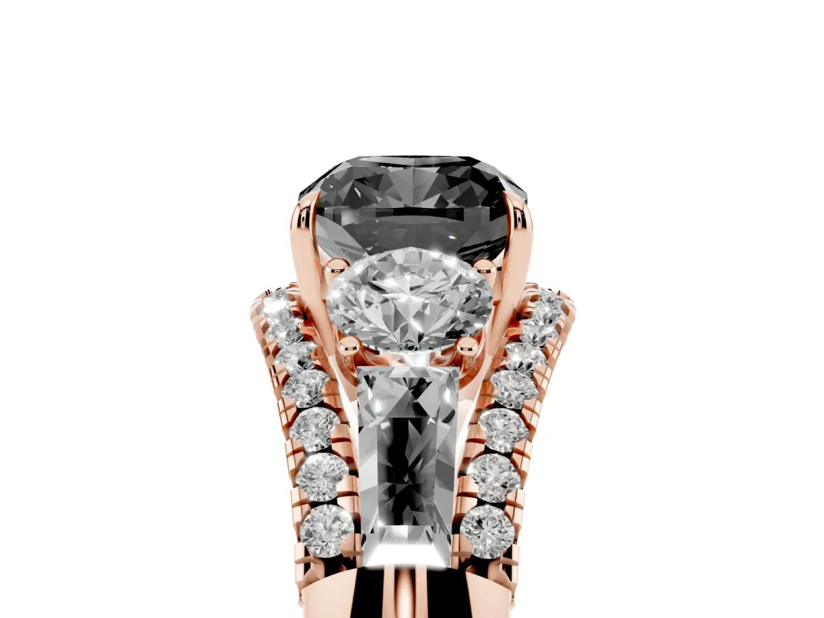 Fancy Black Three-Stone Cushion Cut Diamond Engagement Ring with Pave Band and Prong Setting Rose gold