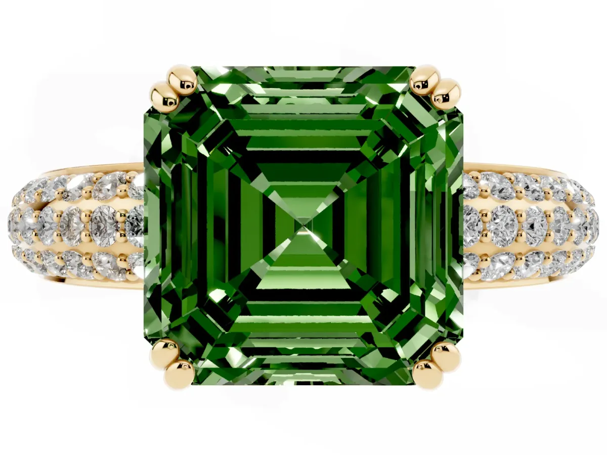 Fancy Green Asscher Cut Diamond Solitaire Ring with Multi-Row Round Pavé Band and Prong Setting Yellow gold