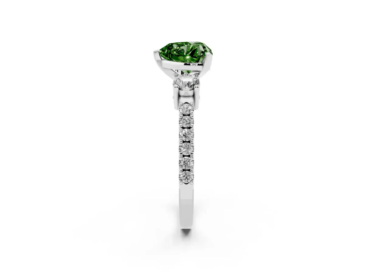 Fancy Green Heart Cut Three-Stone Diamond Pavé Band with Prong Setting Platinum