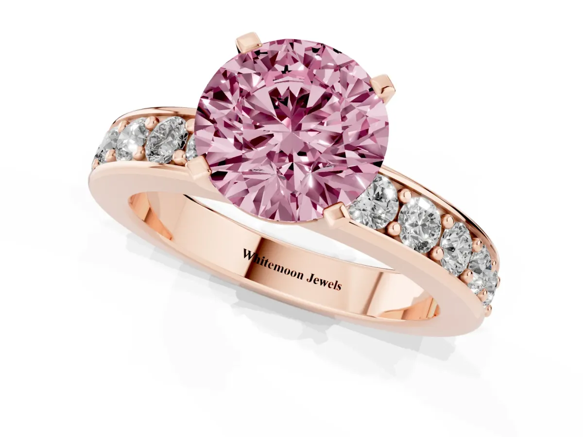 Fancy Pink Round Cut Diamond Engagement Ring with Channel Set Round Band and Prong Setting Rose gold