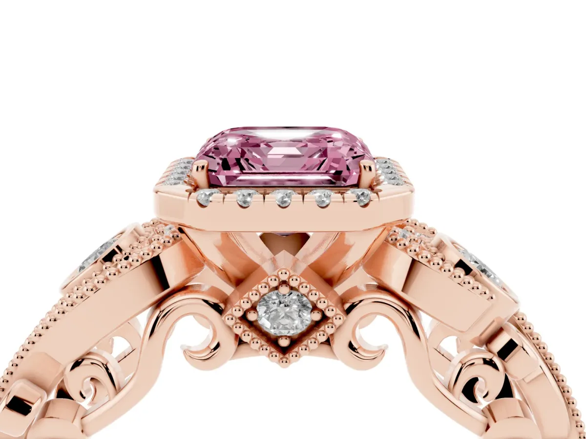 Fancy Pink Asscher Cut Halo Diamond Ring with Milgrain and Bezel Accents on a Split Shank Band Rose gold
