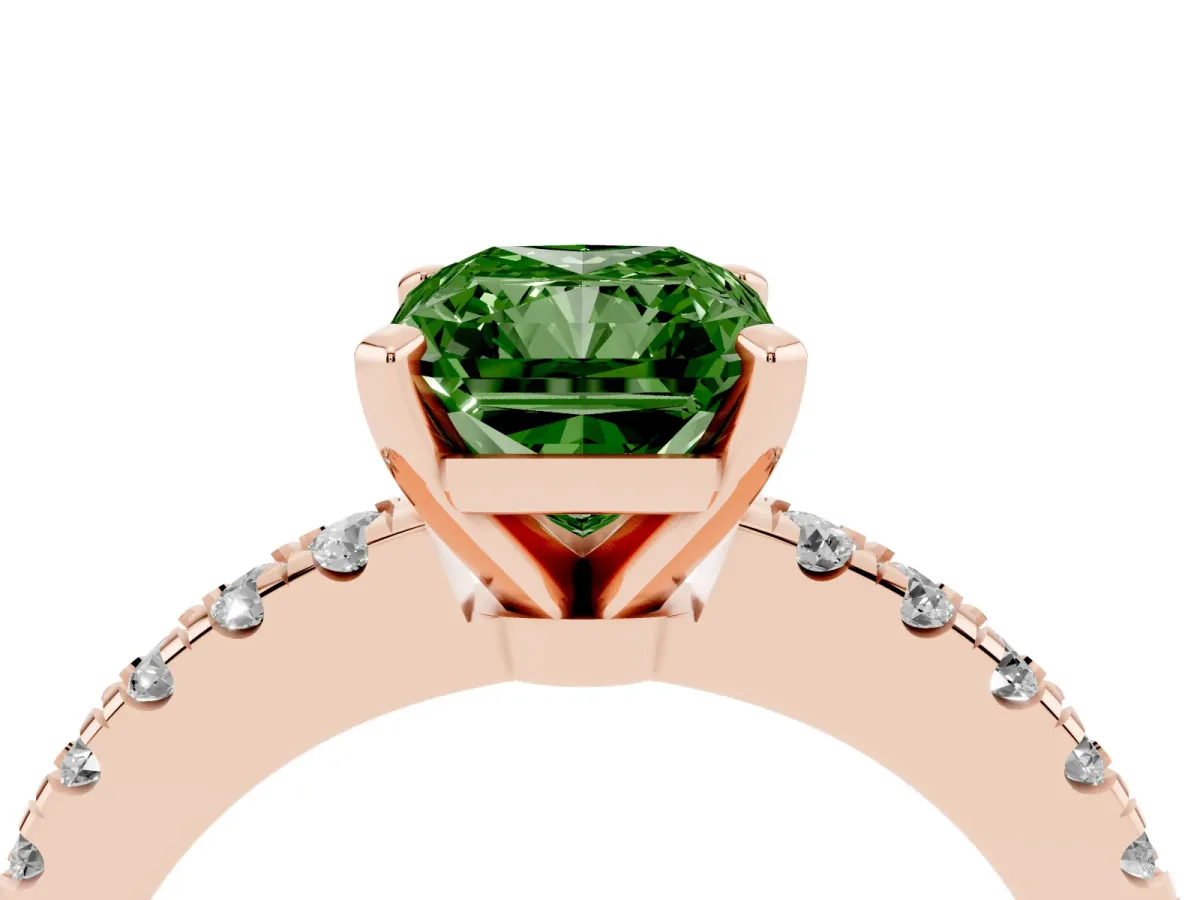 Fancy Green Radiant Cut Solitaire Diamond with Pavé Band and Four-Prong Setting Rose gold