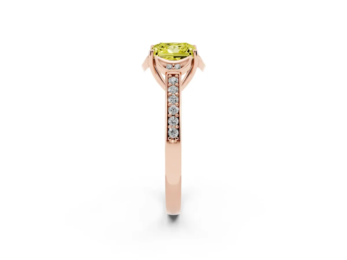 Fancy Yellow Princess Cut Cut Halo Diamond Ring with Channel Set Band and Four-Prong Setting Rose gold