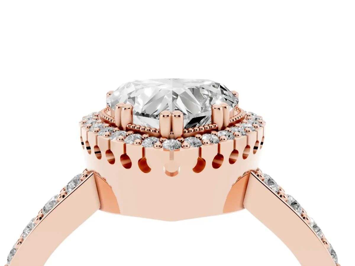 Heart Cut Cut Diamond Halo Engagement Ring with Milgrain Detail and Pavé Band Rose gold