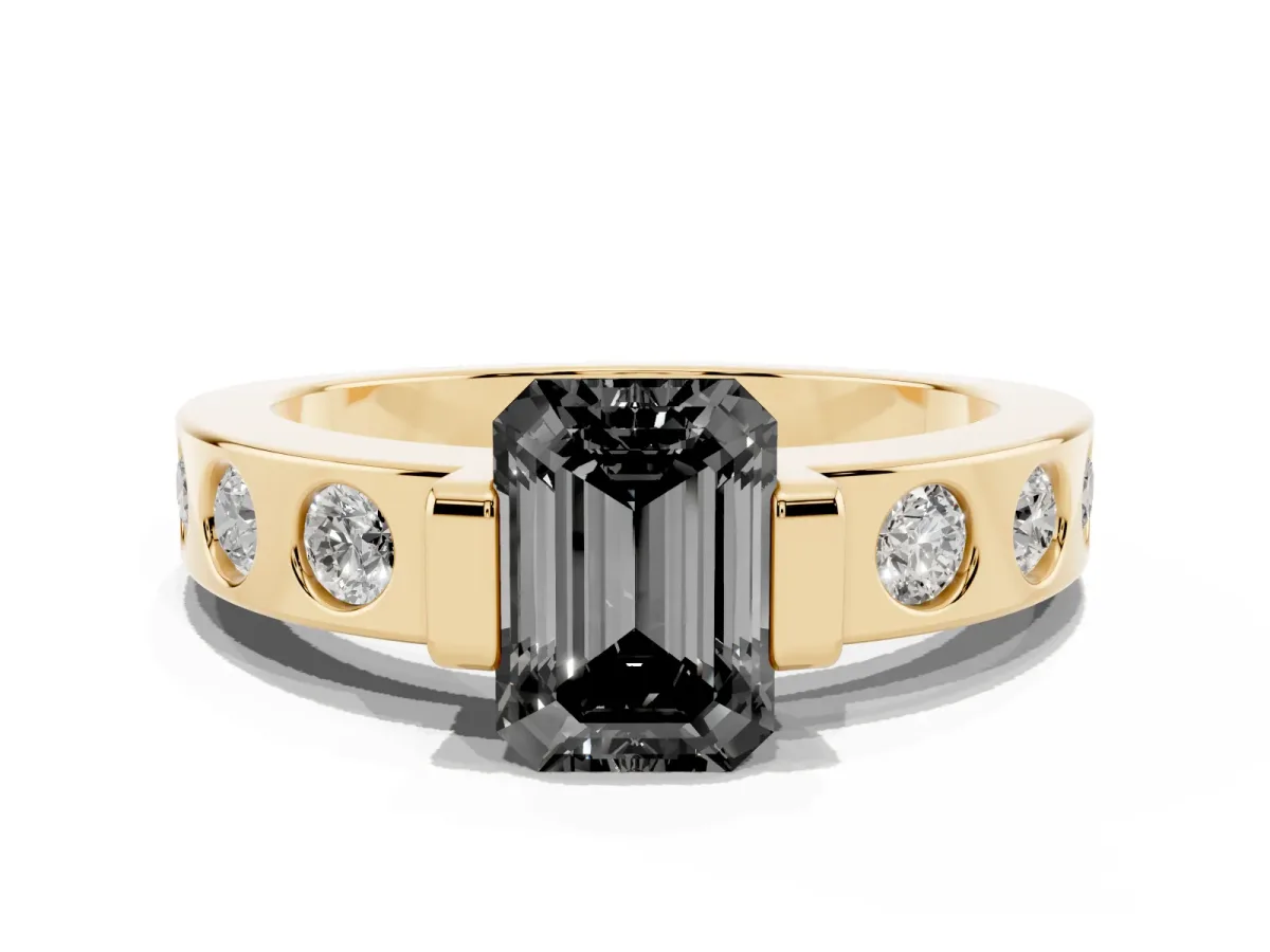 Fancy Black Emerald Cut Brilliant Channel-Set Diamond Ring with Bezel Prong Setting Yellow gold