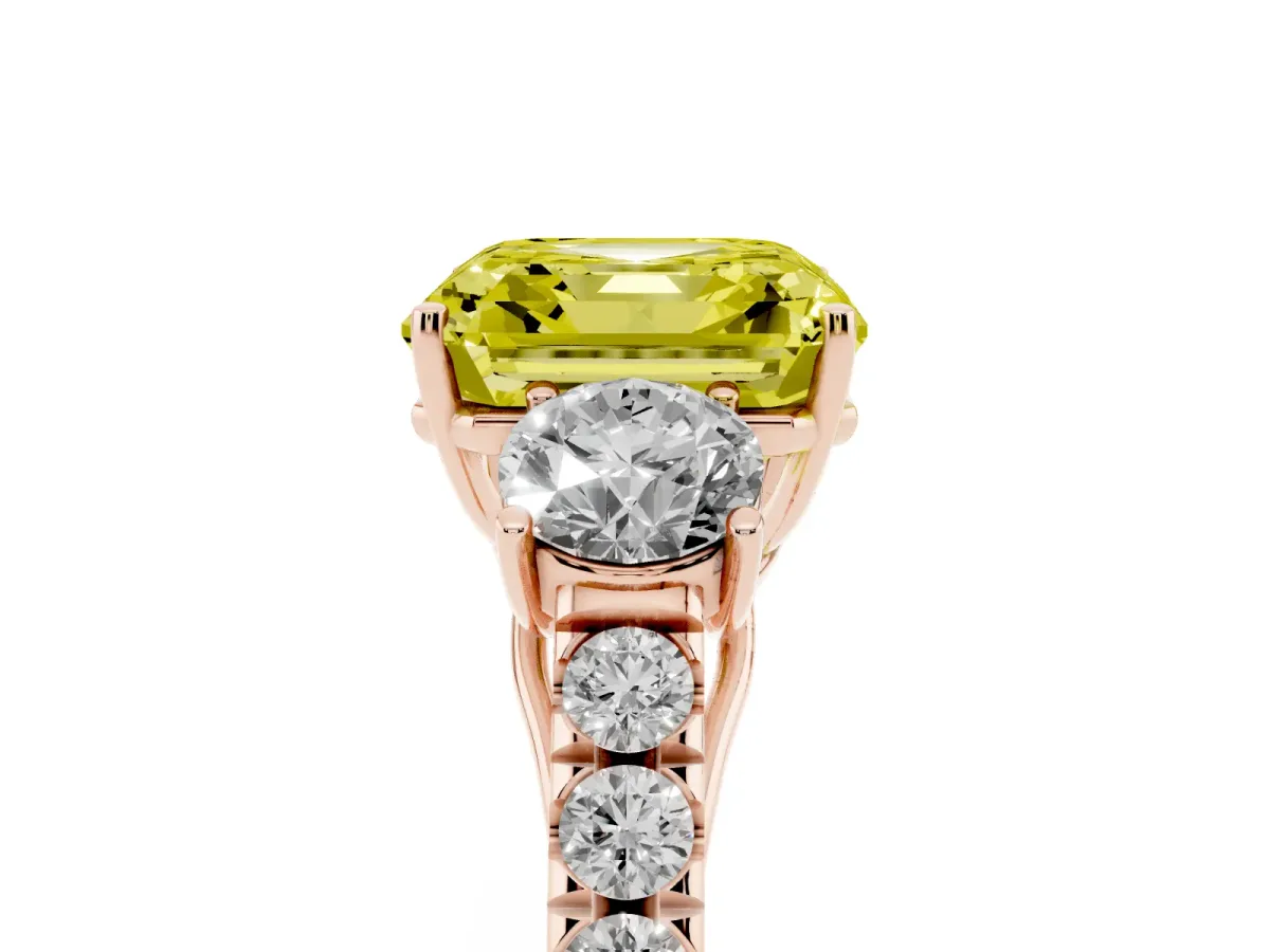 Fancy Yellow Asscher Cut Cut Diamond Three-Stone Ring with Round Side Stones and Pavé Band Rose gold