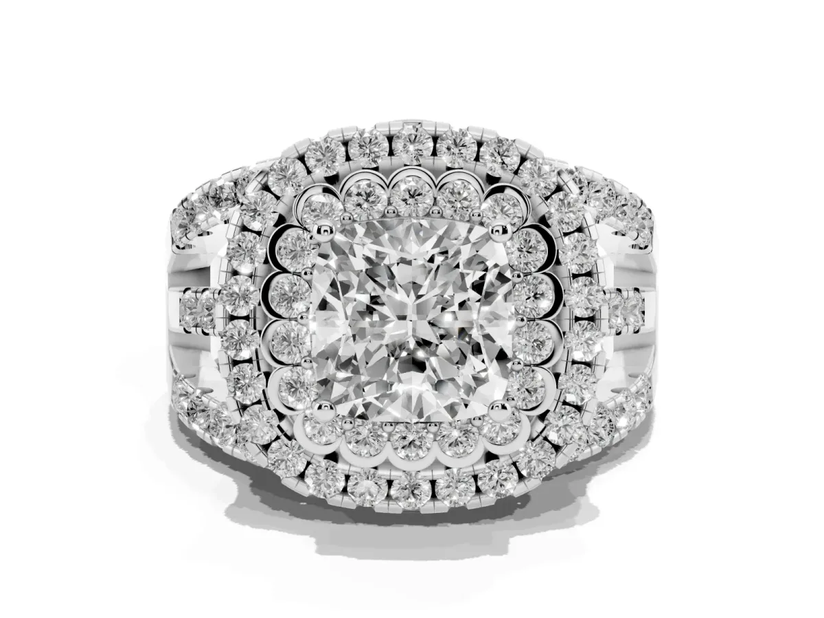 Cushion Cut Diamond Double Halo Ring with Round Pavé Split Shank and Prong Setting Silver