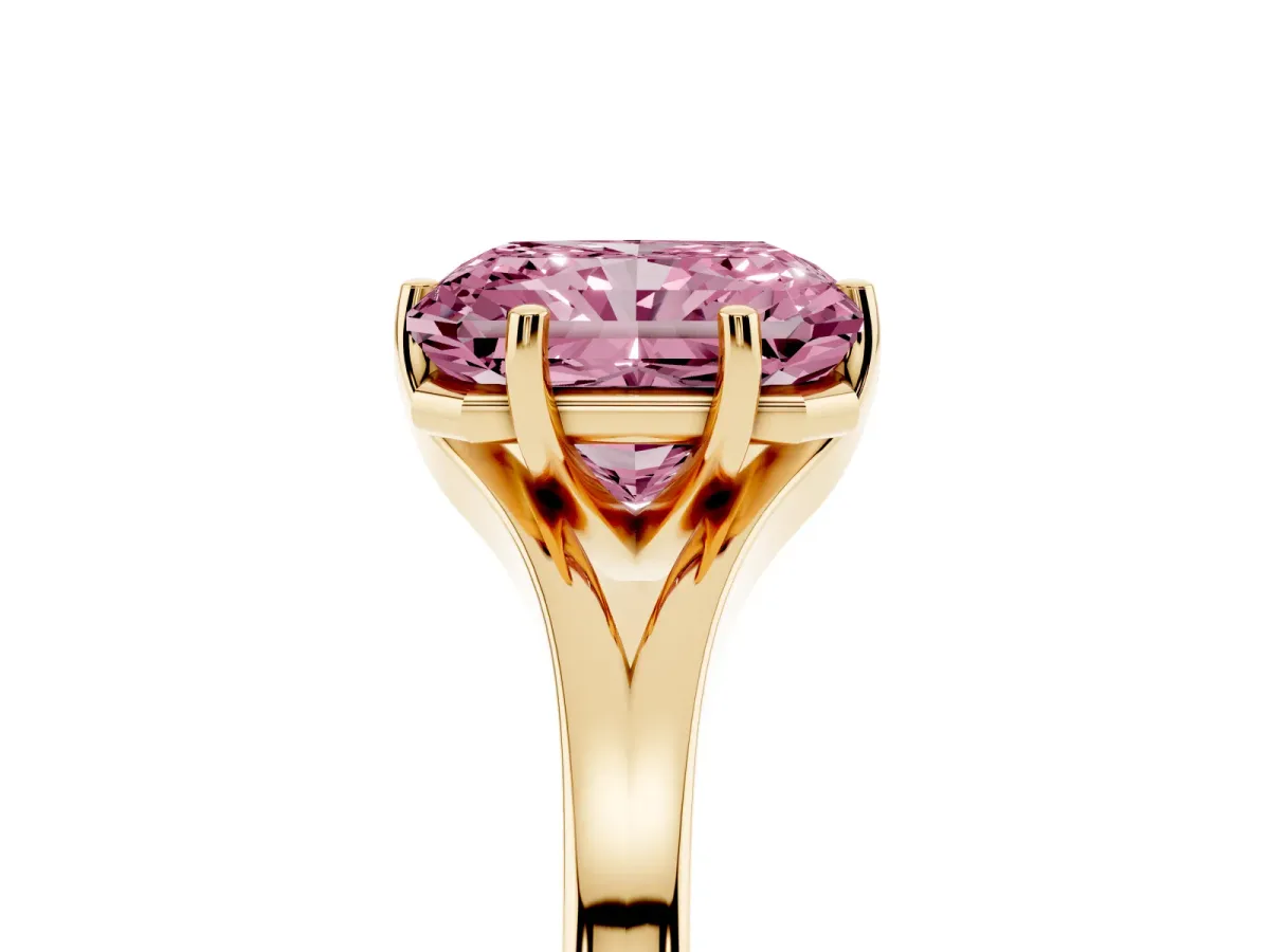 Fancy Pink Radiant Cut Solitaire Diamond Ring with Six-Prong Setting and Tapered Band Yellow gold