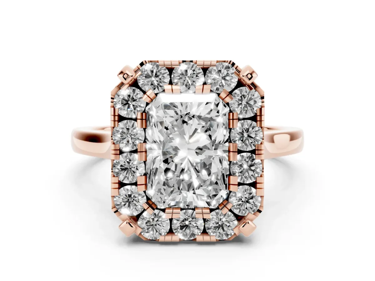 Radiant Cut Diamond Cluster Halo Solitaire with Four-Prong Setting Rose gold