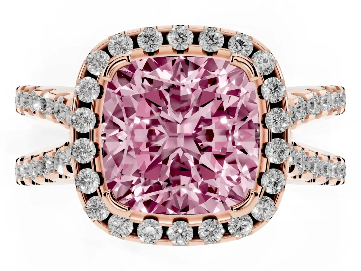 Fancy Pink Cushion Cut Diamond Halo Ring with Split Shank Pavé Band and Prong Setting Rose gold