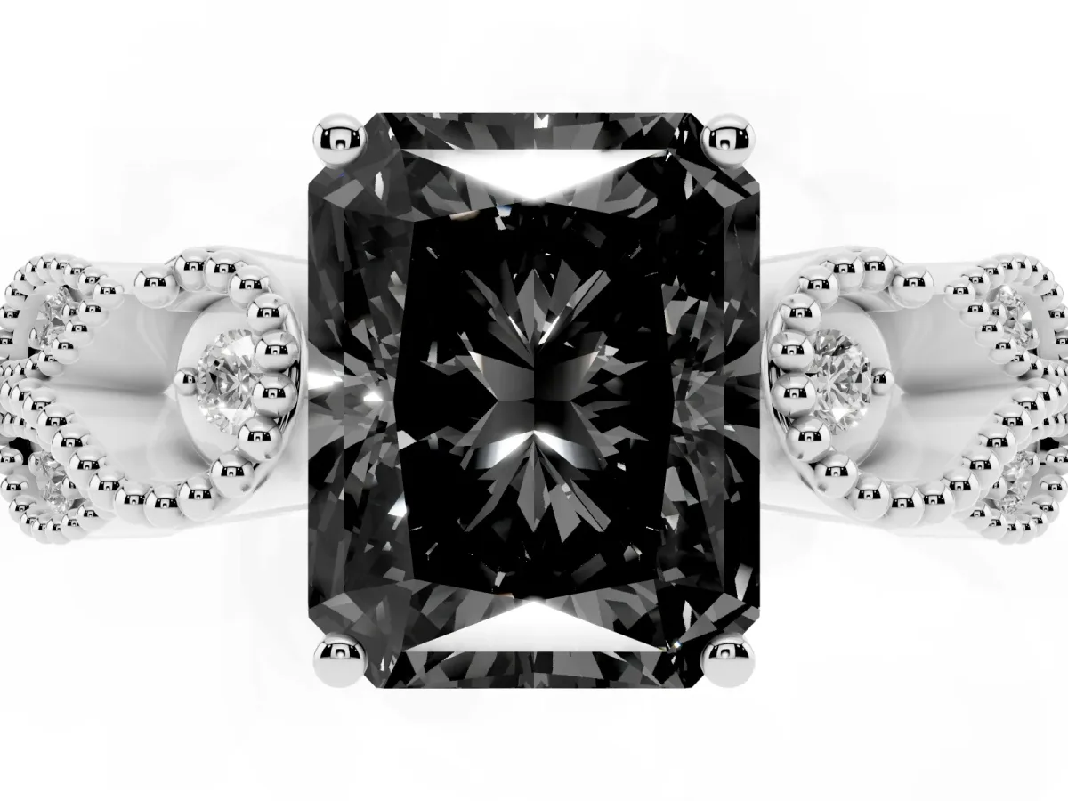 Fancy Black Radiant Cut Solitaire Milgrain Leaf Band with Prong Setting Platinum