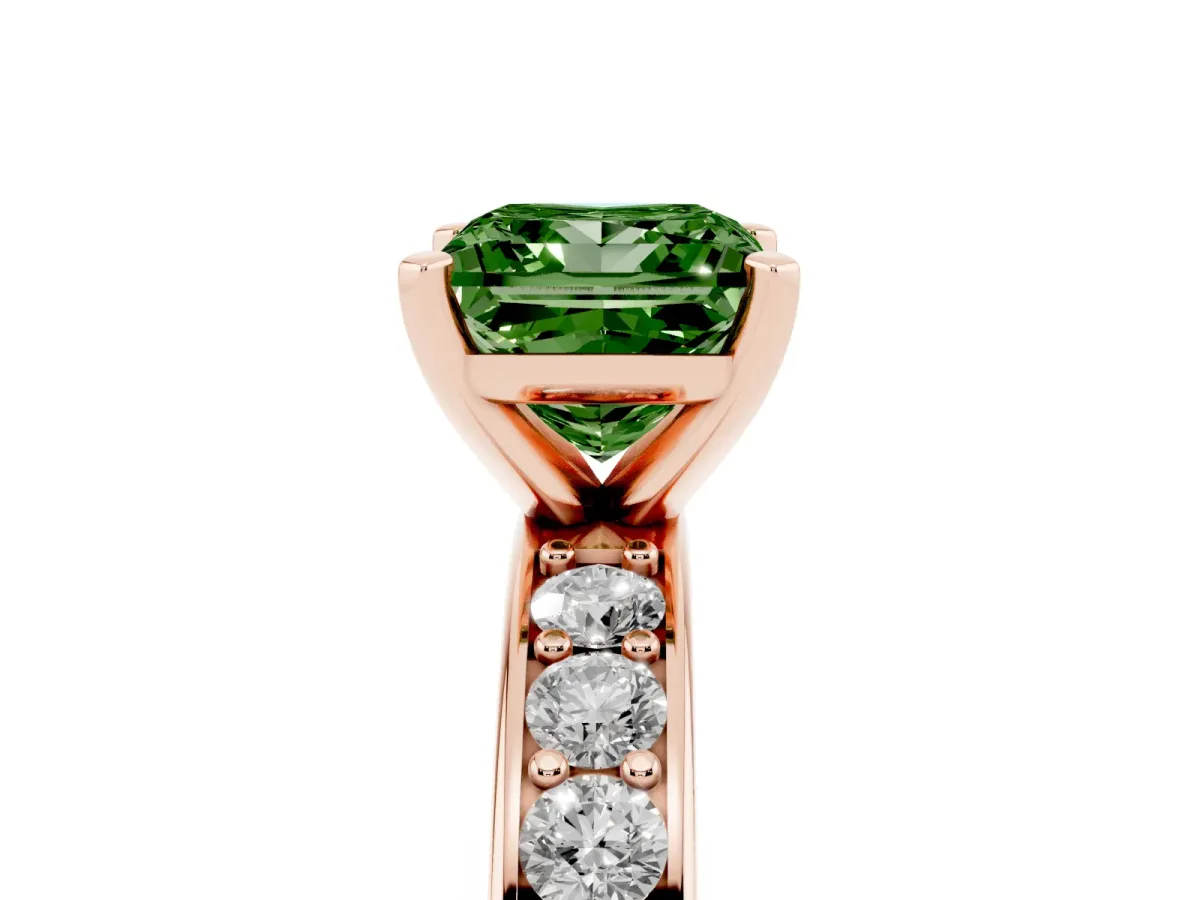 Fancy Green Princess Cut Diamond Engagement Ring with Channel Set Round Band and Prong Setting Rose gold