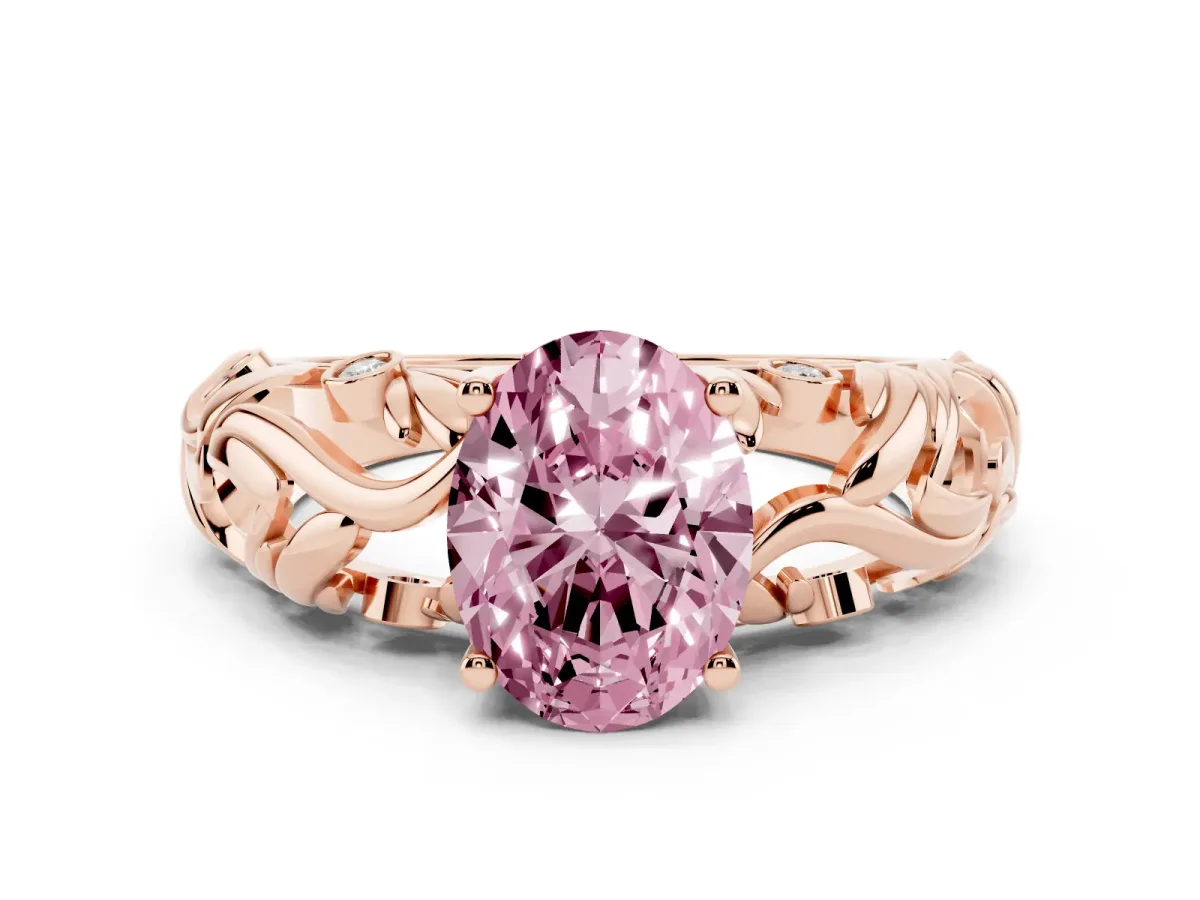Fancy Pink Oval Cut Solitaire Diamond Leaf-Inspired Vine Band Ring with Prong Setting Rose gold